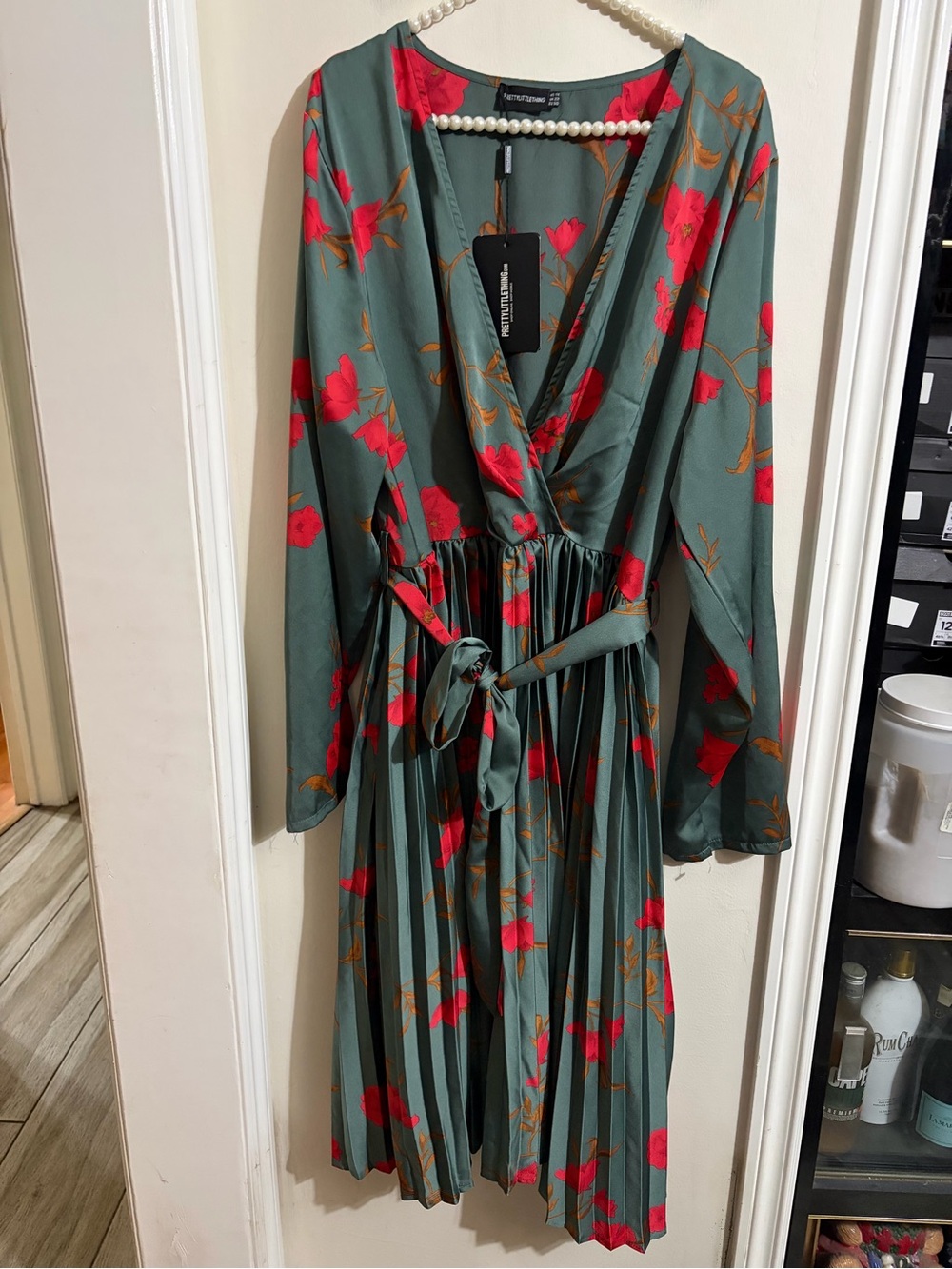 PrettyLittleThing Green Wrap Dress with Red Floral Print